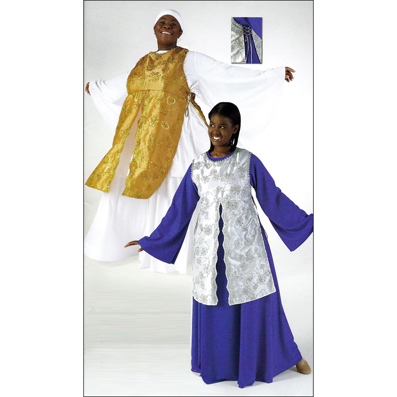 Embroidered Hallelujah Ephod Style #: MS-74789. Embroidered sequin taffeta ephod with split front. Braid trim. Back hook closure. Lacing with sides included. (Gold shown over 85804 Tunic & 80371 skirt; Silver shown over 71808 Dress-all sold separately)
<li> limited stock item. Allow two weeks for shipping. If unable to wait two weeks please call to check availablity.<br>