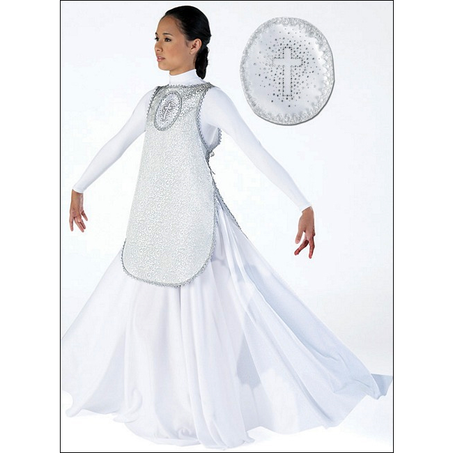 Worship Ephod Style #: MS-74790. White and silver brocade ephod with rhinestone cross motif and braid trim. Lacing for sides included. (Shown with TB123 Leotard and 502 Skirt-sold separately).
<li> limited stock item. Allow two weeks for shipping. If unable to wait two weeks please call to check availablity.<br>