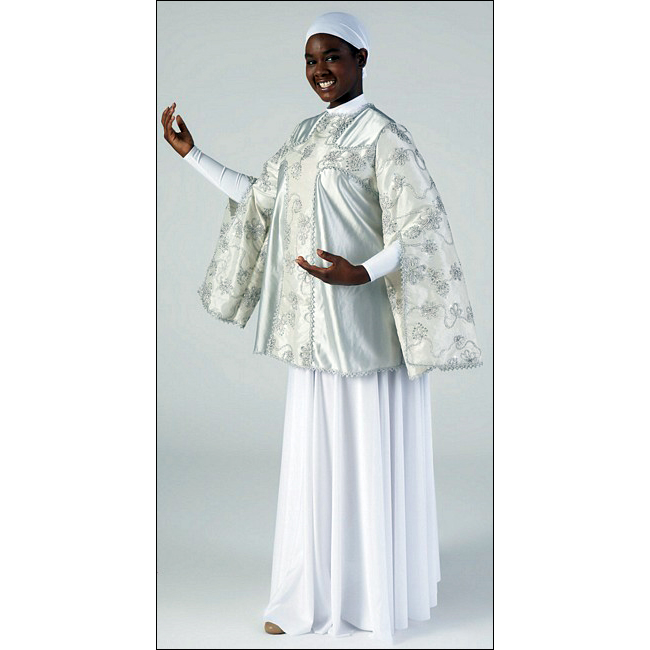 Embroidered Festival Tunic Style #: MS-74791. Light grey Satinette tunic with ebroidered sequin taffeta inset and split sleeves. Back hook closure. Braid trim. Shown in picture with TB123 leotard and 502 Skirt-sold separately.
<li> limited stock item. Allow two weeks for shipping. If unable to wait two weeks please call to check availablity.<br>