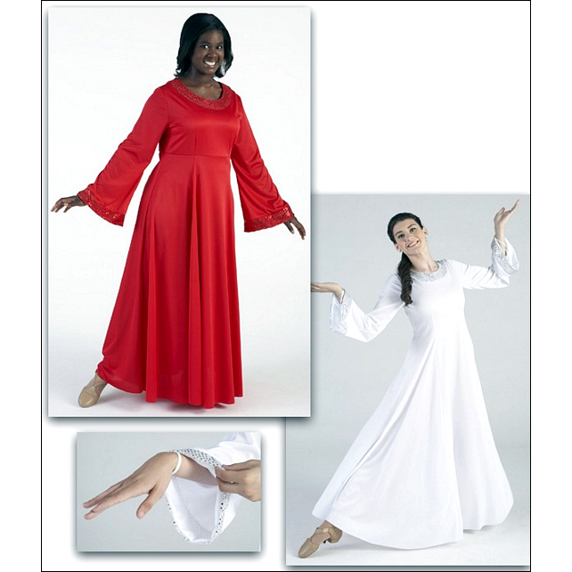 Glory Dress Style #: MS-74796. Knit bell sleeve princess-line dress with foil sequin trim. Zipper back and elastic wrist loops.
<li> Limited stock item. Allow two weeks for shipping. If unable to wait two weeks please call to check availablity.<br>