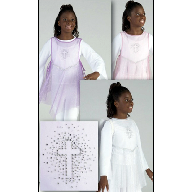 Grace Ephod Style #: MS-74798. Organdy ephod with hologram glitter organdy skirt. Side ties. Rhinestone cross and braid trim. (Orchid shown n picture with 80448 Blouse & 565 Pants; Rose shown with 80448 Blouse & 565 pants; white shown with TB123 leotard & 501 Skirt & 3372 Angel Wings).
<li> Limited stock item. Allow two weeks for shipping. If unable to wait two weeks please call to check availablity.<br>