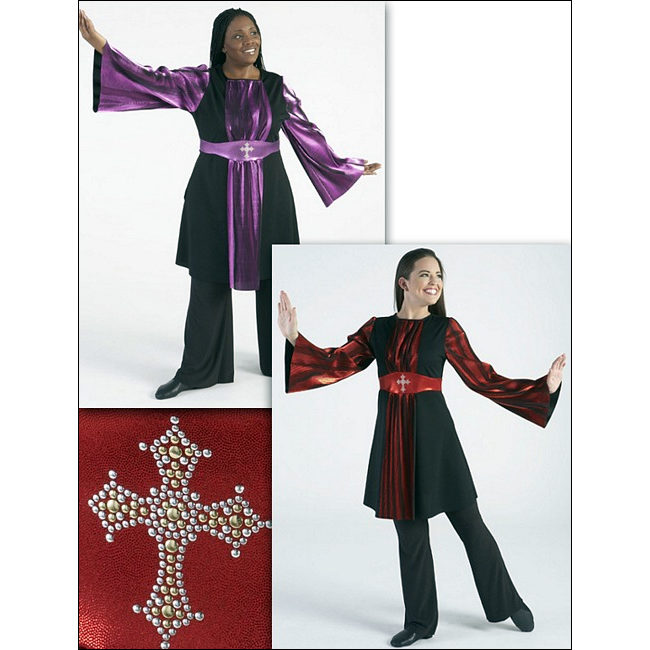 Devotion Overdress Style #: MS-74800. Black stretch pique overdress with metallic pleasted moire sleeves and front overlay. Foil spandex midriff inset front & back. Back tie closure. Nailhead cross motif. Shown inpicture with Black Pants #541-sold separately.
<li> limited stock item. Allow two weeks for shipping. If unable to wait two weeks please call to check availablity.<br>
