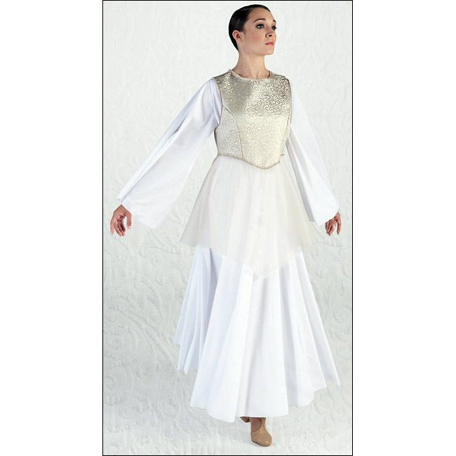 Celestial Overlay Style #: MS-74812. Ivory and gold brocade princess-line overlay with two-ply chiffon skirt. Zipper back. Braid trim. (shown with 80448 Blouse and 80651 Palazzo Pants).
<li> limited stock item. Allow two weeks for shipping. If unable to wait two weeks please call to check availablity.<br>