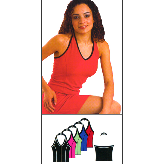 Halter Pullover Top Style #: 7558. Stretch halter pullover top with princess seam detailing and black binding trim.Features a Qwik-Wik built in bra lining.** ITEM IS FINAL SALE ***LIMITED STOCK****