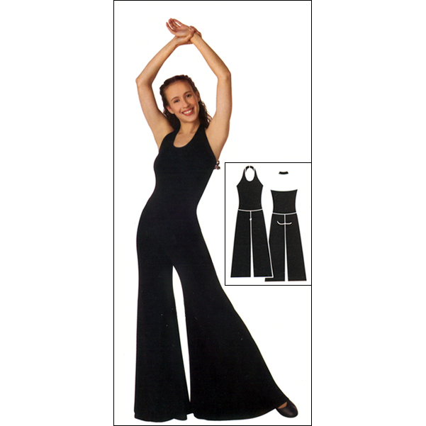 Full Length One Piece Halter Dance Wrap Style #: 7727. Full length one piece halter dance wrap has a full Palazzo style leg and features a power mesh built in bra for support.