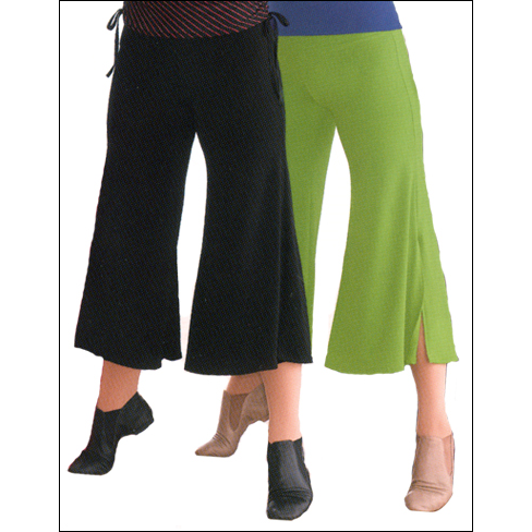 Low Rise Fluid Moving Crop Pant Style #: 7877. Low rise,fluid moving,palazzo crop pant with side slits.Great styling for dance and fashion.