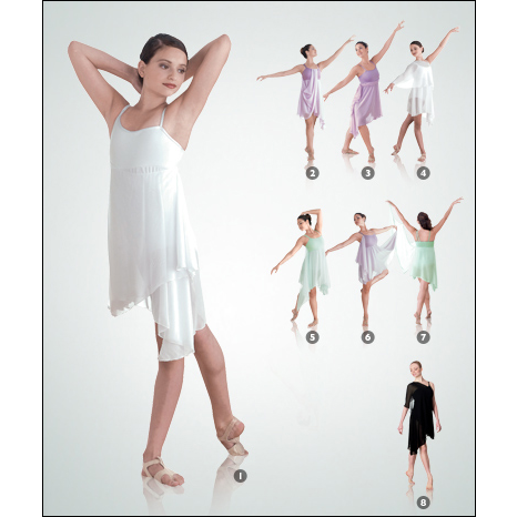 Convertible Asymmetrical Dance Dress Style #: 7895. Convertible asymmetrical dance dress features a versatile attached chiffon drape which can be worn 8 different ways: as a dance dress, angel wing, grecian fold, empire sash, shoulder shawl, double skirt and more. Dress is made out of a soft Microfiber fabric.