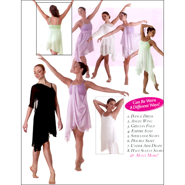 Convertible Asymmetrical Dance Dress Style #: 7895. Convertible asymmetrical dance dress features a versatile attached chiffon drape which can be worn 8 different ways: as a dance dress, angel wing, grecian fold, empire sash, shoulder shawl, double skirt and more. Dress is made out of a soft Microfiber fabric.