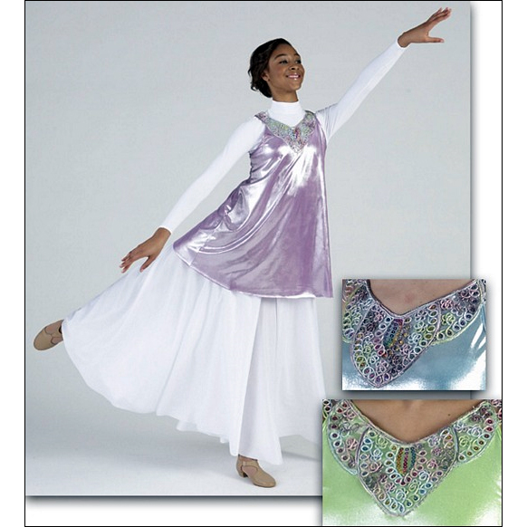 Shine Overdress Style #: MS-6532. Foil slinky dress with applique yoke. Spandex low rise shorts. Binding for hair included. (shown in picture with TB123 Leotard and 565 Palazzo Pants both sold separately).
<li> limited stock item. Allow two weeks for shipping. If unable to wait two weeks please call to check availablity.<br>