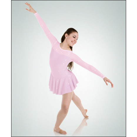 Sparkle Velvet Sweetheart Neck Leotard Style #: 8101. Sparkle velvet sweetheart neck skirted leotard has matching sparkly sheer power mesh front and back yokes and long sleeves.
