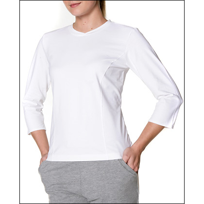 Women's Cotton Stretch Athletic Neck Tee Shirt Style #: 8210. Basics. Essentials that meet your needs. Meet our comfortable athletic neck t-shirt. A simple design with modest extras. Like the petite overlapping neckline detail, soft princess seaming, and fashionable 3/4 length sleeve. A multipurpose top, perfect alone or layered. A cozy basic that doesn't forget about style.<br>
<br>
Product Features:<br>
<li> Athletic neckline<br>
<li> 3/4 length sleeve <br>
<li> Princess seaming