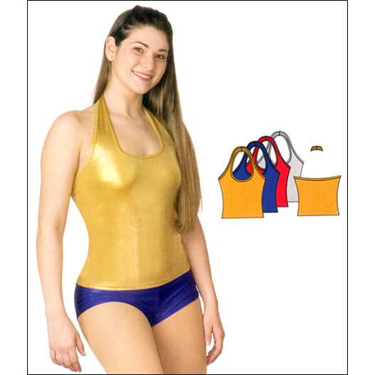 Halter Pullover Has Pull-Over-The-Neck Styling Style #: 8492. Halter Pullover has pull-over-the-neck styling and features a qwik-wik built in bra. Ultra shiny metallic fabric.