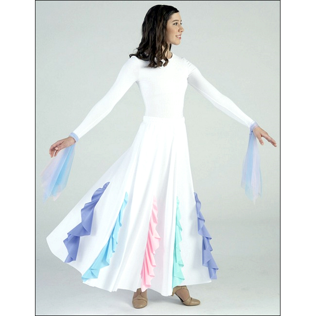 Pastel Flutter Skirt Style #: MS-85799. White knit 8-gore skirt with pastel front & back flounces. Drawstring waist. Shown n picture with White Leotard # TB135-sold separately.
<li> Limited stock item. Allow two weeks for shipping. If unable to wait two weeks please call to check availablity.<br>