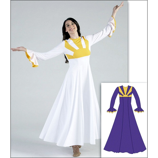 Sunrise Dress Style #: MS-85802. Knit princess-line dress with flag gold sunburst inset. Zipper back. Two-ply sleeve flounces. Available in three colors all with Gold Sleeve Trim and and Gold Sunrise front detail.
<li> limited stock item. Allow two weeks for shipping. If unable to wait two weeks please call to check availablity.<br>