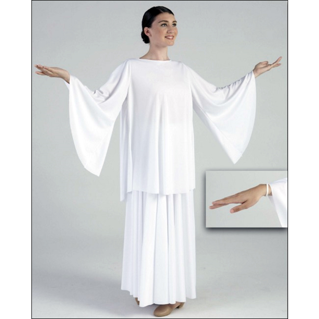 Bell Sleeve Tunic Style #: MS-85804. Bell Sleeve Tunic. Knit tunic with elastic wrist loops. Shown in picture with White Skirt # 501- sold separatley.
<li> limited stock item. Allow two weeks for shipping. If unable to wait two weeks please call to check availablity.<br>