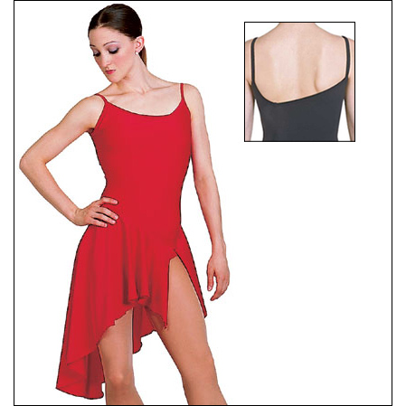 Asymmetrical Camisole Dress Style #: OSD-86800. This beautiful asymmetrical camisole dress by Bal Togs® features an attached leotard and an uneven skirt which measures from 9" in front to 24" in back. The 10" slit gives this dress added flair making it a perfect costume piece. Full front lining. Bright and shiny Spandex fabrics moves freely and stands out on-stage.

<li> Non-stock item. Allow two weeks for shipping. If unable to wait two weeks please call to check availablity.<br>
<li> Can be made in other colors. Call to enquire about fabric/color availabilties.<br>