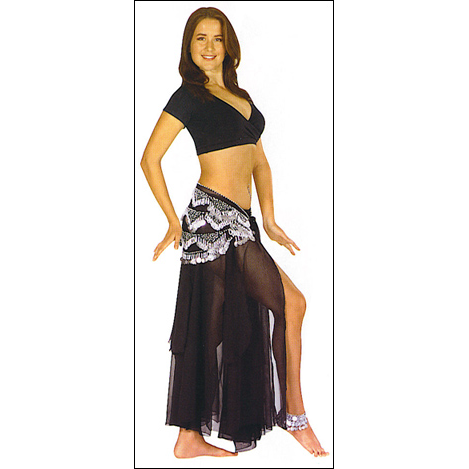 Pearl Hip Skirt Style #: 86911. Wrap Sheer Chiffon Hip Scarf With Fake Pearls And Coin Ataachments.Shown With Crop Top #46604,And Sheer Petal Skirt # 86902.Refer to our Modern Dance Shoes category for Belly-Dancing shoes and sandals.