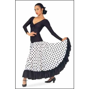 Flamenco  Dress With Dotted Skirt Style #: OSD-113A-1. Matte Lycra leotard top. Long sleeves V-neck styling.
Dotted polyester skirt with solid color double ruffle. Shelf Bra lining. 

<li> Non-stock item. Allow two weeks for shipping. If unable to wait two weeks please call to check availablity.<br>
<li> Can be made in other colors. Call to enquire about other fabric and color availabilties. Additional charges my apply.<br>
<li> Check out our high quality Flamenco Shoes-in the shoes section of our site.<br>