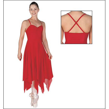 Pinch Front Glistenette Camisole Dress Style #: OSD-8935. This pinch front camisole dress by Bal Togs® features a crisscross back and sheer chiffon "V" inserts that create an exquisite handkerchief hemline and flowy movement. Front Shelf Bra lining. Top portion is made out of stretchy and shiny Spandex fabric with attached sheer and glimmery chiffon skirt.

<li> Non-stock item. Allow two weeks for shipping. If unable to wait two weeks please call to check availablity.<br>
<li> Can be made in other colors. Call to enquire about fabric/color availabilties.<br>