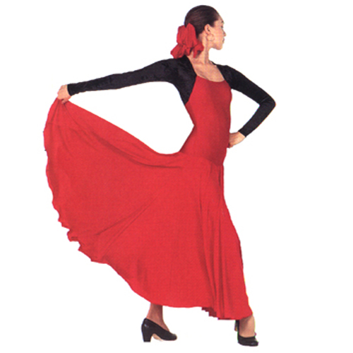 "Bolero" Flamenco Dress Style #: OSD-297. Square neck, long sleeve, stretch Velour bolero top and a matte lycra 6 gore polyester dress,put together for a classical flamenco look.

<li> Non-stock item. Allow two weeks for shipping. If unable to wait two weeks please call to check availablity.<br>
<li> Can also be made in other color combinations. Call to enquire about other fabric and color availabilties. Additional charges my apply.<br>
<li> Check out our high quality Flamenco Shoes-in the shoes section of our site.<br>