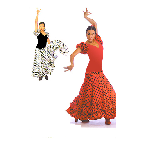 Sevillana Flamenco Dress Style #: OSD-899. This energetic Flamenco Dress is front lined with an adjustable V-neck. Polka dot lycra dress has a matching polyester ruffled cap sleeves and a double ruffle ten gore polyester skirt. Skirt is 40" long from waist to bottom of dress.

*** Limited stock item -please allow two weeks for shipping.***