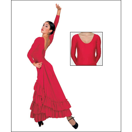Flamenco Dress Style #: 9120. <li>Bal Togs® long sleeve flamenco dress is the perfect performance piece. This dress features a low scoop back and a double layer of ruffles along the bottom edge of the floor length skirt, turning your basic moves into flowing masterpieces. Full front lining. Limited stock; allow 2 weeks for shipping.  If placing a rush order please call for availability.
<li> Check out our high quality Flamenco Shoes-in the shoes section of our site.<br>