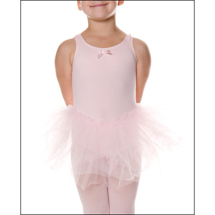 Girls' Tank Leotard With Tutu Style #: 9838. A must-have for the little ballerina, this leotard has a sweetheart neck with an attached tulle tutu and bow perfect for recitals and dress-up.Tulle: 100% nylon. Made in USA and Imported.