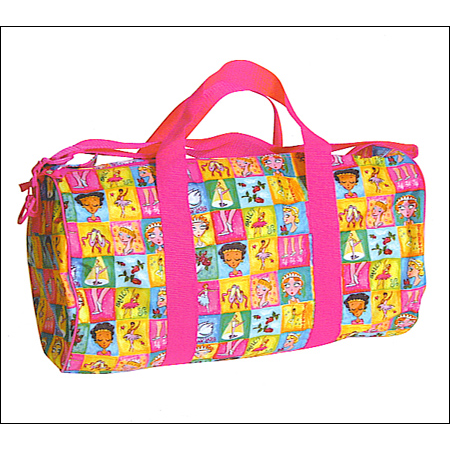 Duffel Bag Style #: B405. <li> Perfect for school, ballet class or overnight bag.<br>
<li> 18 inches long, 10 inches diameter.<br>
<li> Made of water resistant polyester with a white lining.<br>
<li> Features sturdy, adjustable nylon strapsand strong plastic clips, with two zippers for easy access to all the big stuff.