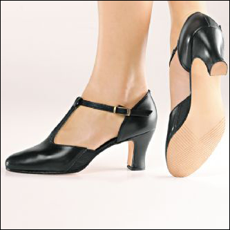 So Danca-Open Shank T Strap Character Shoe Style #: CH56. So Danca Style (2.5” Heel) Open Shank T.Strap Character Shoe. 
Leather shoe with hard leather soles.
Stretch size elastics allows for flexing and pointing of your foot.