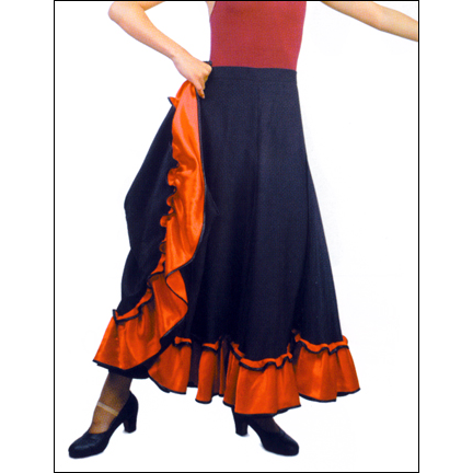 ''Adora'' Flamenco Skirt By Sansha Style #: D0911. Long and Flowy Black Flamenco skirt with contrasting Red ruffle.Elastic waist. Small-34" long, Medium-37" long, Large-39" long.