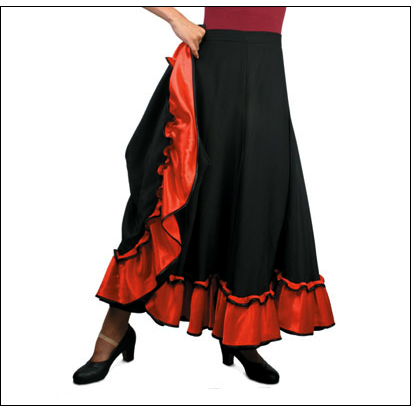 ''Adora'' Flamenco Skirt By Sansha Style #: D0911. Long and Flowy Black Flamenco skirt with contrasting Red ruffle.Elastic waist. Small-34" long, Medium-37" long, Large-39" long.