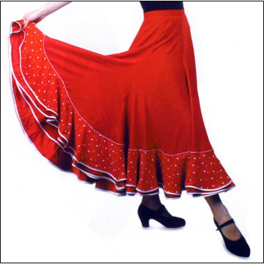 ''Esperanza'' Flamenco Skirt by Sansha Style #: D0912. Elegant and stylish Flamenco skirt. Ruffle features white dots and matching white trim. Elastic waist. Small-34" long, Medium-37" long, Large-39" long.