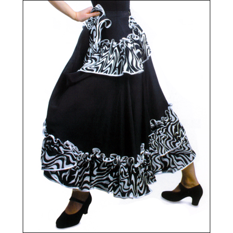 ''Paloma'' Flamenco Skirt By Sansha Style #: D0913. Unique and striking Black Flamenco skirt. Ruffle features black and white Swiggle Stripes. Elastic waist. Small-34" long, Medium-37" long, Large-39" long.