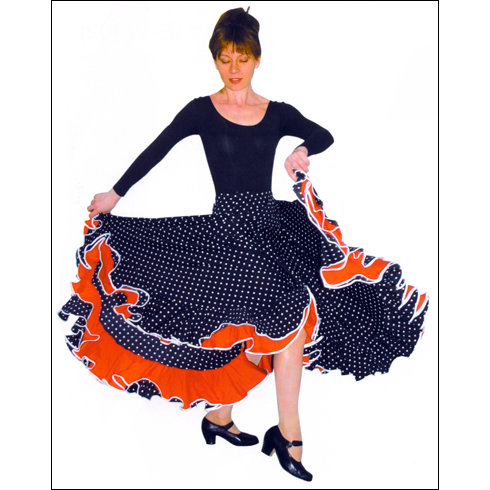 ''Catalina'' Flamenco Skirt By Sansha Style #: D0914. Elegant and stylish Flamenco skirt. Contrasting ruffles. Elastic waist. Small-34" long, Medium-37" long, Large-39" long.