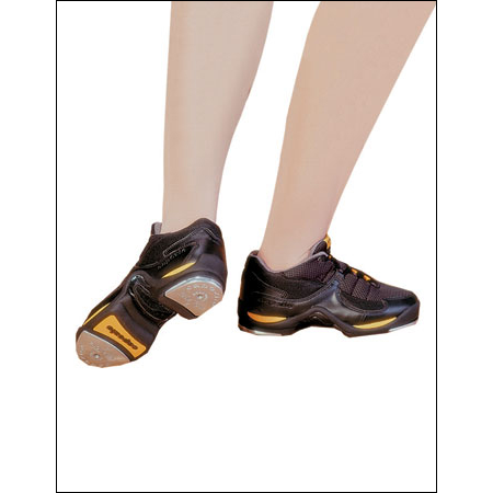 Capezio ''Tap Dawg''  Tap Sneakers Style #: DS18. (New Style # DS-18)Split-sole tap sneaker. Lightweight construction. Tech-mesh & synthetic leather combination. Sneakers come with attached Teletone Taps.


<li>Recessed non-marking, rubber sole 
<li>TeleTone Rayow Taps with built-in sound board and molded in steel heel plate for balanced sound 
<li>Contoured, cushioned & removable insole 
<li>Colors:Black on Black or Gold on Black