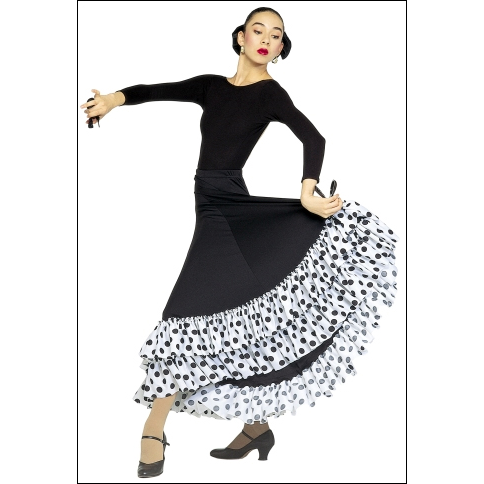 Dotted Ruffle Flamenco skirt Style #: 9100-PDR. Long and flowy 8 panel Flamenco skirt. Adjustable elastic drawstring waist. Double ruffles features stylish dotted design. Shown in photo with Long Sleeve Leotard # 312.
<li> Available in Adults and Children size. <br>
<li> Please allow two weeks for shipping on this item. <br>
<li> Check out our high quality Flamenco Shoes-in the shoes section of our site.<br>
