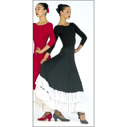 TWO TONE FLAMENCO SKIRT Style #: BT-9100-TWO TONE. DOUBLE RUFFLE FLAMENCO REHERSAL SKIRT.
BLACK SKIRT-WITH A CONTRAST COLOR RUFFLE
<li> Polyester eight panel skirt, 
<li> Adjustable elastic drawstring waist, 
<li> Black skirt, with a contrast color ruffle.
<li> Measurement is from waist to bottom of skirt.
<li> SA=34" ,MA=36", LA=38"
<li> Available in Children and adults sizes.
<li> Other color combinations can be made-please call in with color choices.
<li> Please allow 2 weeks shipping on this item.