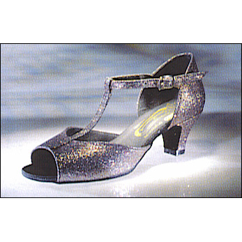 "Francesca" Ballroom Shoe By Freed Of London Style #: FRANCESCA. Practice Ballroom Shoe. Low heel, open toe, T.strap design with a stable 1-1/2" cuban heel. Gold sparkles over black base.Suade sole. Available in child,young adult,and adult sizes.