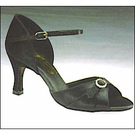 Freed Of London "Leona" Ballroom Shoe Style #: LEONA-FCL. This open-toe ballroom shoe features an elegant ankle strap and front gold ring detail. 2.5 Inch slim heel. Soft Suade Soles. This is a non-stock item, allow 4-6 weeks for delivery.