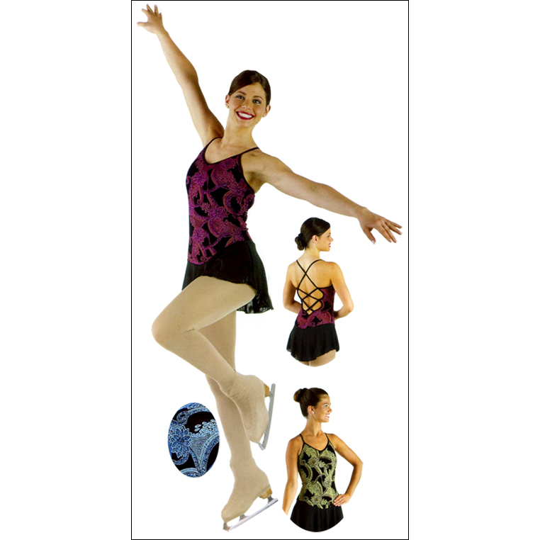 Glitter Camisole Ice Skating Dress Style #: MS-74968. Glitter on slinky camisole dress with bodice liner front and back. Straps criss-cross to low back. Two-ply micromesh spandex skirt.<br>
<br>
<li>Shown in picture with Skate Tights # 1812-sold separately.<br>
<br>
<b>Limited availability. Please allow 2 weeks for shipping. If unable to wait please call to check available stock.<b/>