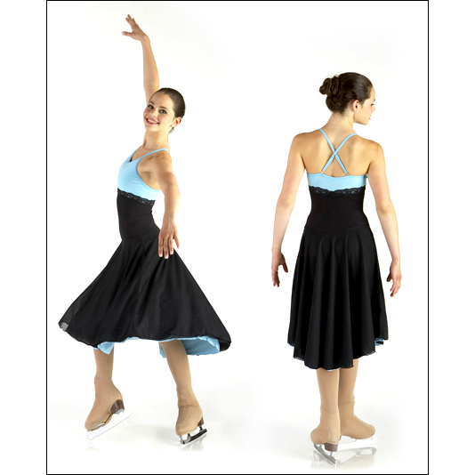 Empire-line Skate/Dance Dress Style #: MS-74977. Black matte spandex dress has contrasting empire bodice embellished with lace trim. Adjustable straps. Front and back bodice lined. Cascade skirt has two layers of black sheer crepe over a third layer in the matching contrast color.<br>
<br>
<li>Shown in picture with Skate Tights # 1812-sold separately.<br>
<br>
<b>Limited availability. Please allow 2 weeks for shipping. If unable to wait please call to check available stock.<b/>