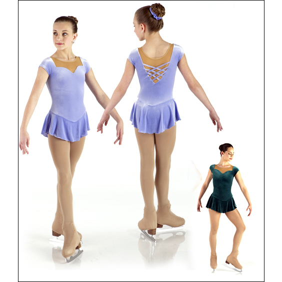 Cap Sleeve Ice skating Dress Style #: MS74983. Plush velvet spandex sweetheart neckline dress. Beige mesh yoke and bodice lined front and back. Criss-cross strap detail to V-back.<br>
<br>
<li>Shown in picture with Skate Tights # 1812-sold separately.<br>
<br>
<b>Limited availability. Please allow 2 weeks for shipping. If unable to wait please call to check available stock.<b/>