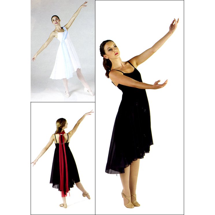 Empire Line Dance Dance Dress Style #: MS-76609. Matte Spandex dress has princess seams to empire-line, crepe cascade skirt and adjustable straps. Bodice liner. Each dress comes with 2 rhinestone pins, a matching chiffon sash and 2 pieces each of 3 colors of chiffon.<br>
<br>
<b>Limited availability. Please allow 2 weeks for shipping. If unable to wait please call to check available stock.<b/>