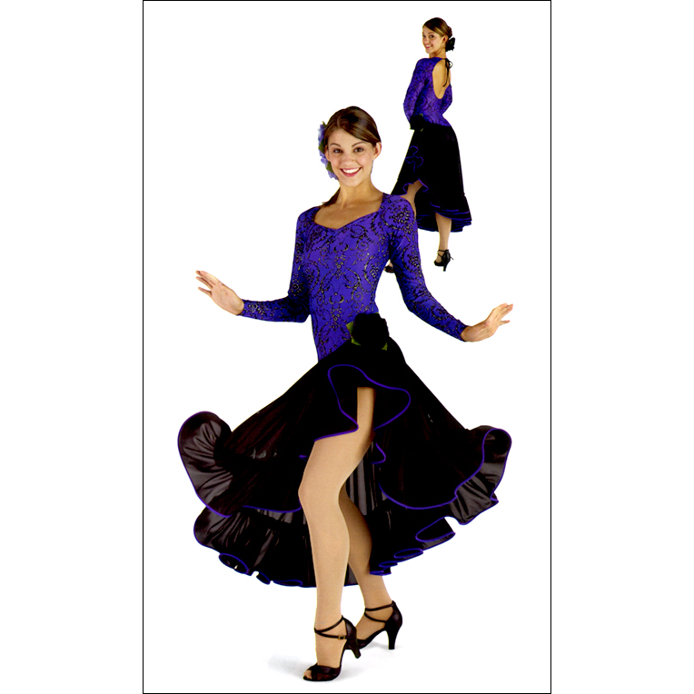 Long Sleeve Dress Style #: MS-76719. Asymmetrical skirt has ruffle and contrasting trim. Sweetheart neckline leotard.Tie closure with low back. 
<br>
<br>
<b>Limited availability. Please allow 2 weeks for shipping. If unable to wait please call to check available stock.<b/>