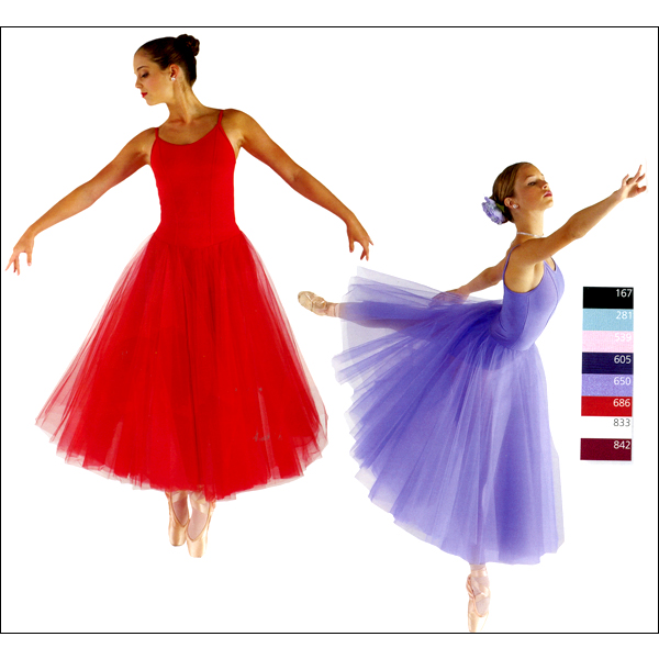 Romantic Tutu Dress Style #: MS-79380. Matte Spandex camisole leotard with attached two ply romantic length double circle tulle top skirts. Lined bodice front & back and panty liner. Double circle chiffon underskirt. <br>
<br>
<b>Limited availability. Please allow 2 weeks for shipping. If unable to wait please call to check available stock.<b/>