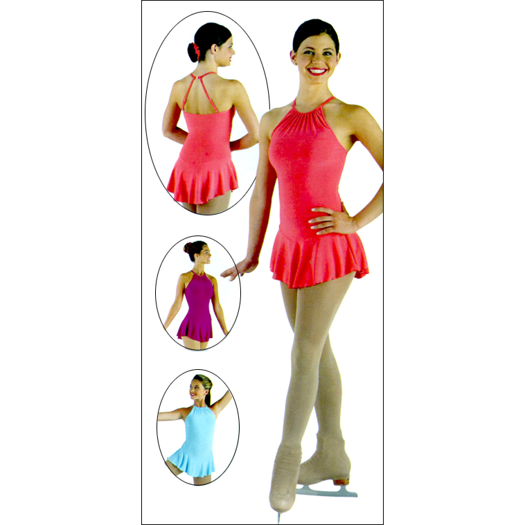 Halter Skating Dress Style #: MS-79973. Matte spandex gathered neckline dress. Rhinestone embellished back closure. Front and back bodice liner. Adjustable straps.<br>
<br>
<li>Shown in picture with Skate Tights # 1812-sold separately.<br>
<br>
<b>Limited availability. Please allow 2 weeks for shipping. If unable to wait please call to check available stock.<b/>