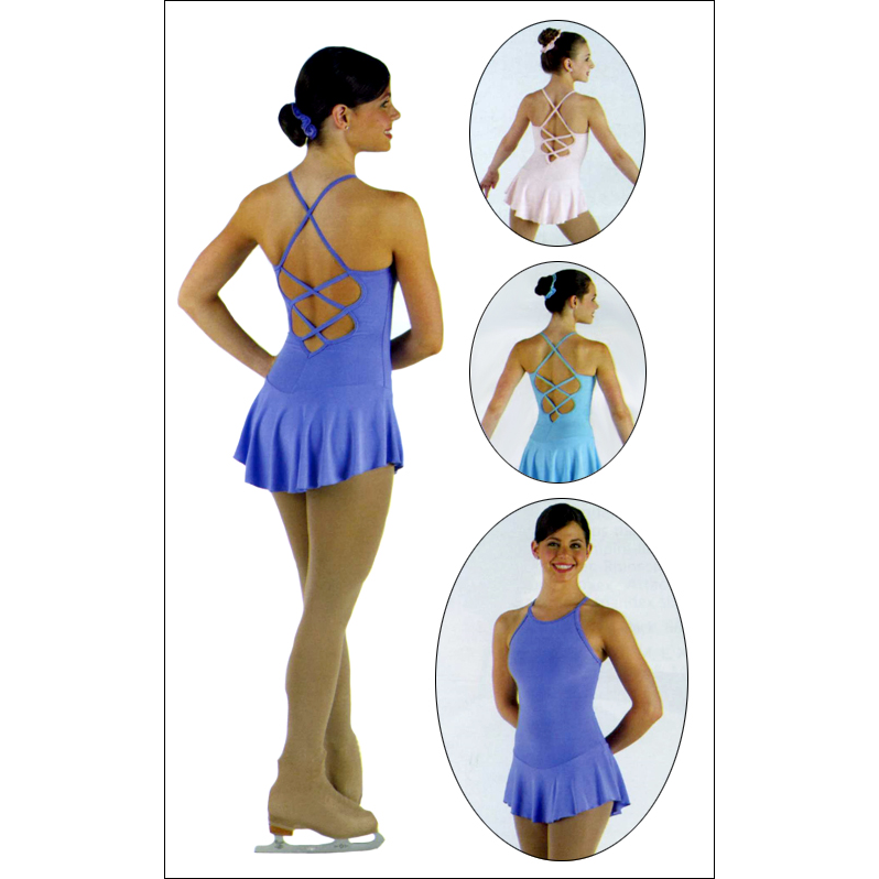 Criss-Cross Back Skating Dress Style #: MS-79985. Matte spandex dress is front and back bodice lined. Straps criss-cross to low back.<br>
<br>
<li>Shown in picture with Skate Tights # 1812-sold separately.<br>
<br>

<b>Limited availability. Please allow 2 weeks for shipping. If unable to wait please call to check available stock.<b/>