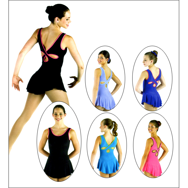 Skating Dress With Triple Keyhole Back Dress Style #: MS-79987. Matte Spandex dress with contrast binding. Back panels cross to create three cutouts. Front and back bodice liner. <br>
<br>
<li>Shown in picture with Skate Tights # 1812-sold separately.<br>
<br>
<b>Limited availability. Please allow 2 weeks for shipping. If unable to wait please call to check available stock.<b/>
