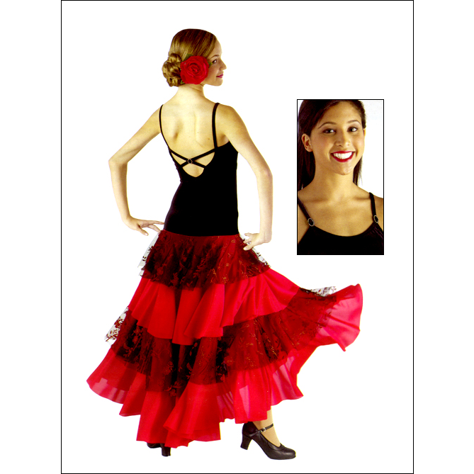 Flamenco Dress Style #: MS-90591. Plush velvet spandex camisole leotard. Rhinestone slides on straps front and back. Attached flocked tulle and crepe ruffles. Shelf Bra. Boy-cut leg.<br>
<br>
<b>Limited availability. Please allow 2 weeks for shipping. If unable to wait please call to check available stock.<b/>