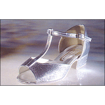 Young Adult/ Adult-Low Heel Ballroom Sandal Style #: MARINA. Silver Glitter, open toe, T. strap ballroom sandal.
1-1/2" heel, suade soles.Comfortable and balanced shoe.Available up to adults size 10.0 .special U.K order-allow 4 weeks for delivery